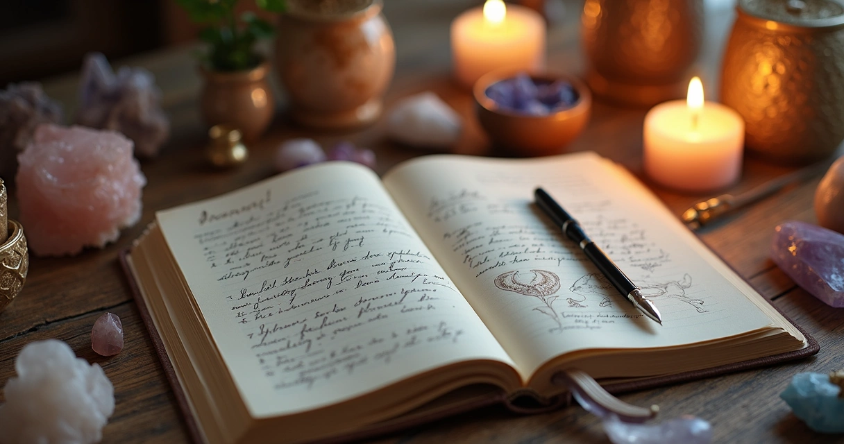 Diário dos sonhos aberto com caneta sobre mesa de madeira 