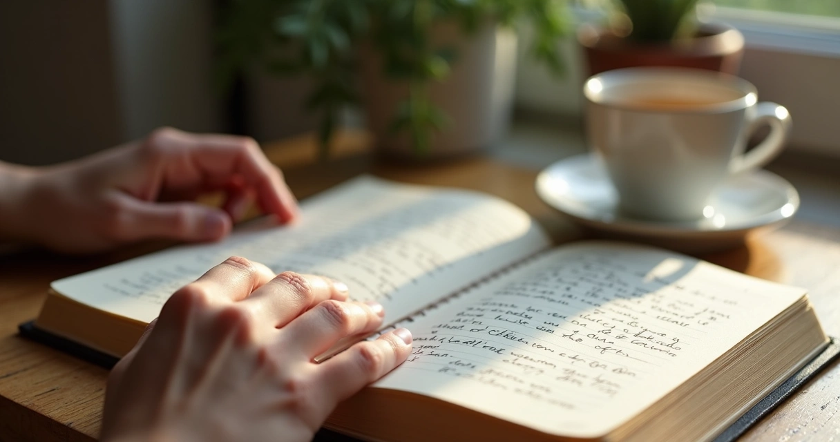 Caderno aberto com anotações ao lado de xícara e janela 