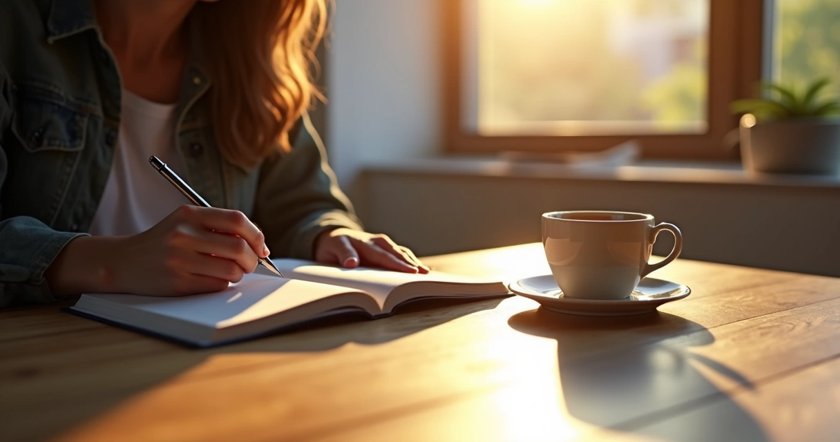 Pessoa escrevendo em um diário com uma caneta, caderno aberto sobre mesa de madeira