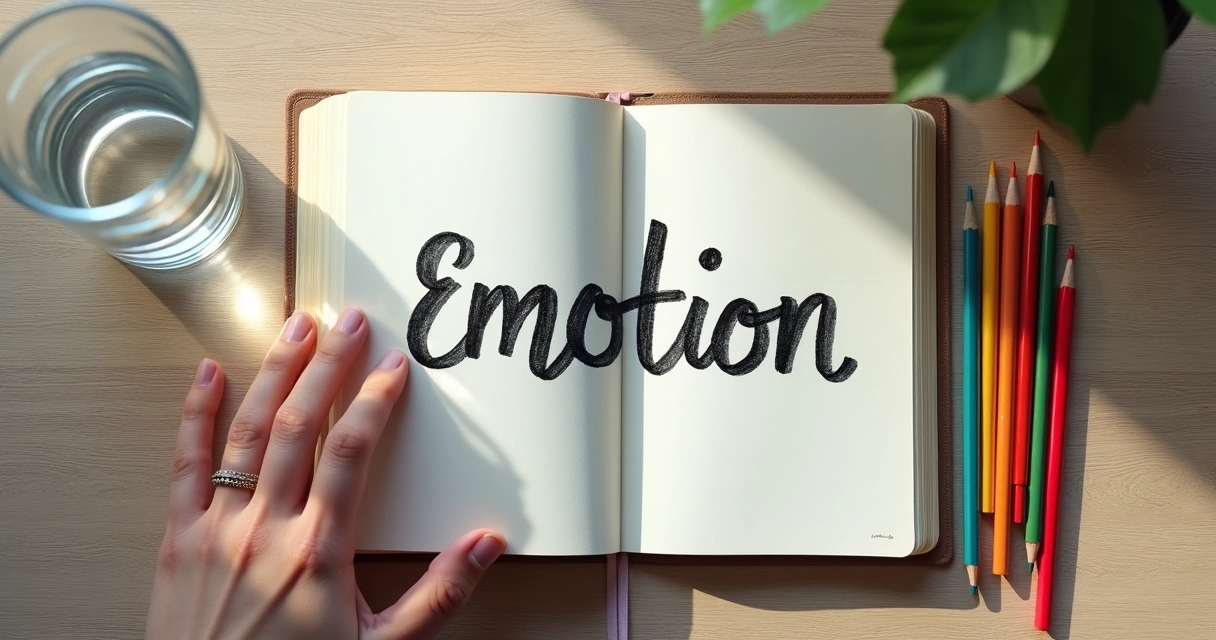 Cuaderno con emociones escritas y lápices de colores