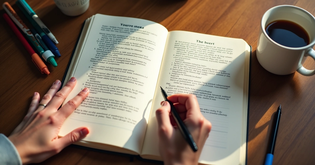 Caderno aberto com anotações emocionais e mão segurando caneta 
