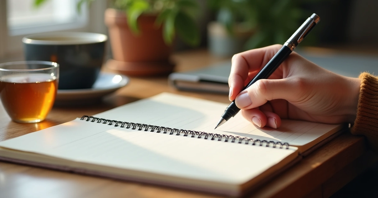 Mão escrevendo em um diário sobre emoções do dia 