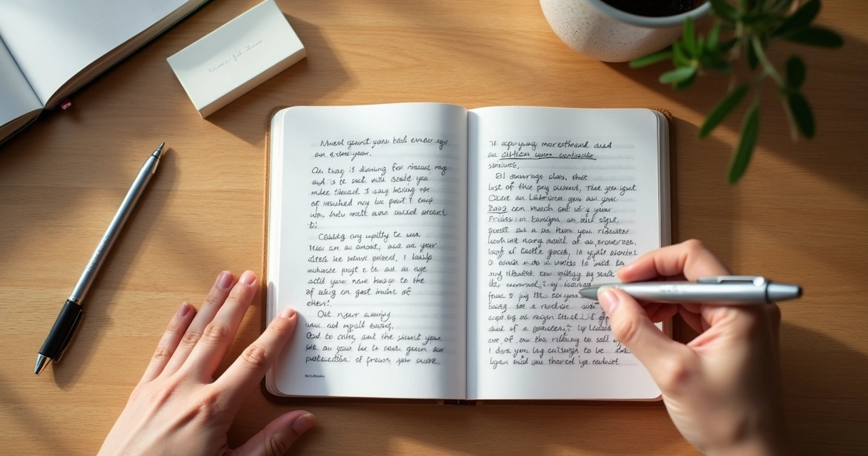 Caderno aberto com anotações ao lado de caneta em cima de mesa de madeira 