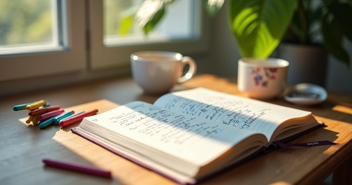 Diário de emoções aberto ao lado de uma caneca