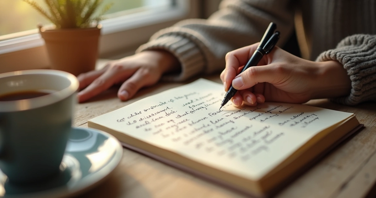 Pessoa escrevendo em um diário emocional, com luz suave sobre a mesa