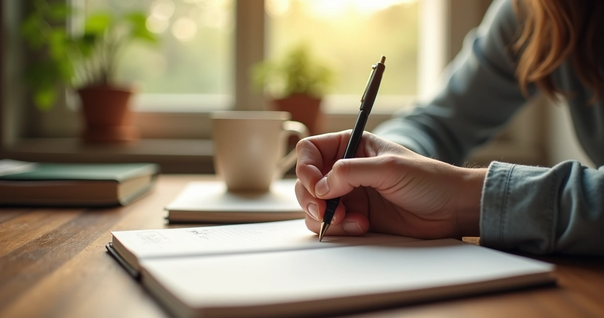 Pessoa escrevendo em diário sentado à mesa com caneca 
