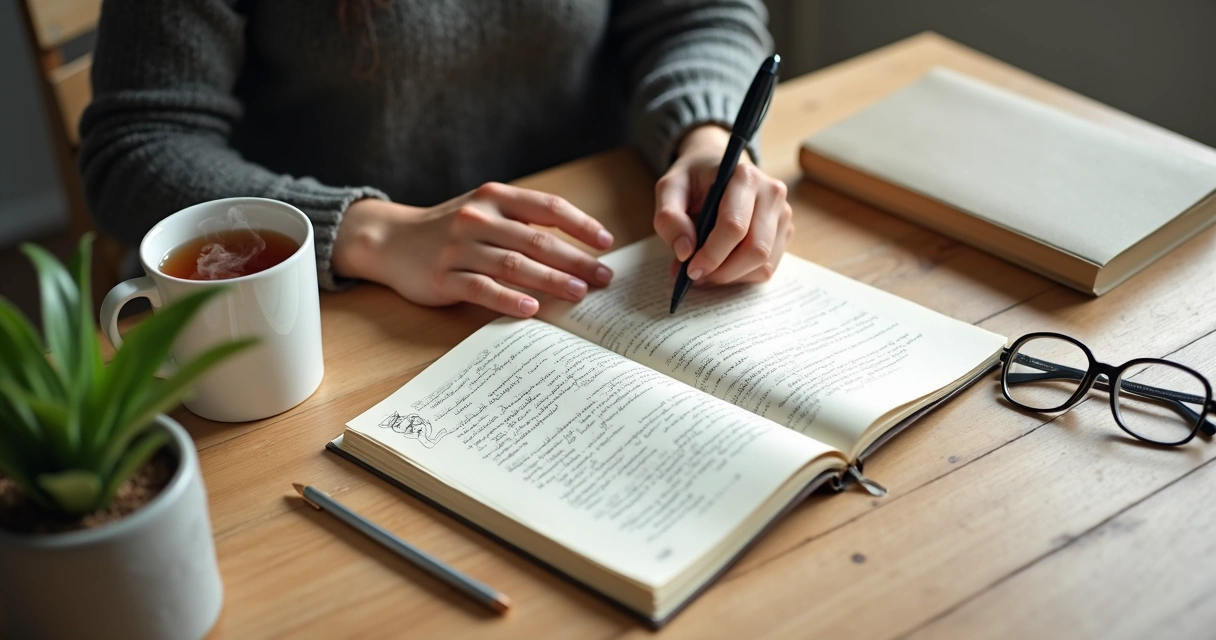 Pessoa escrevendo em diário emocional ao lado de xícara de chá em ambiente calmo 