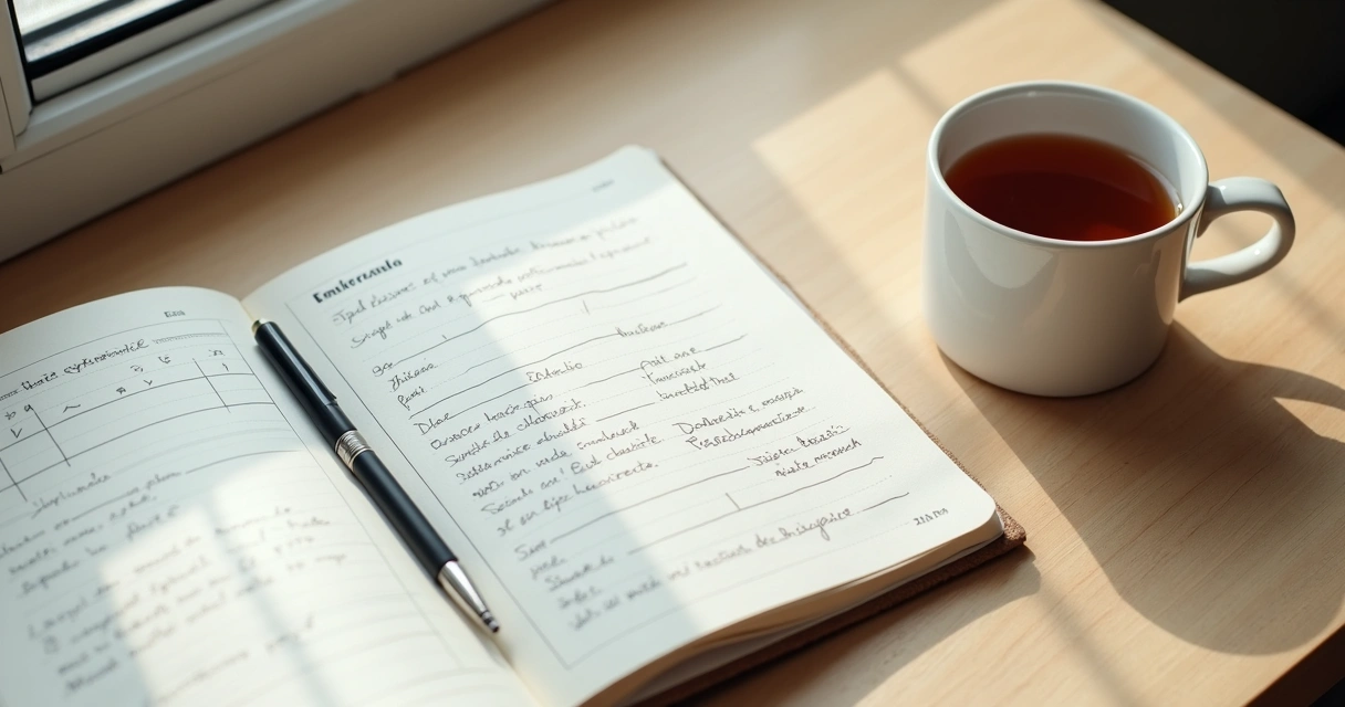Caderno com anotações emocionais e caneta sobre mesa 