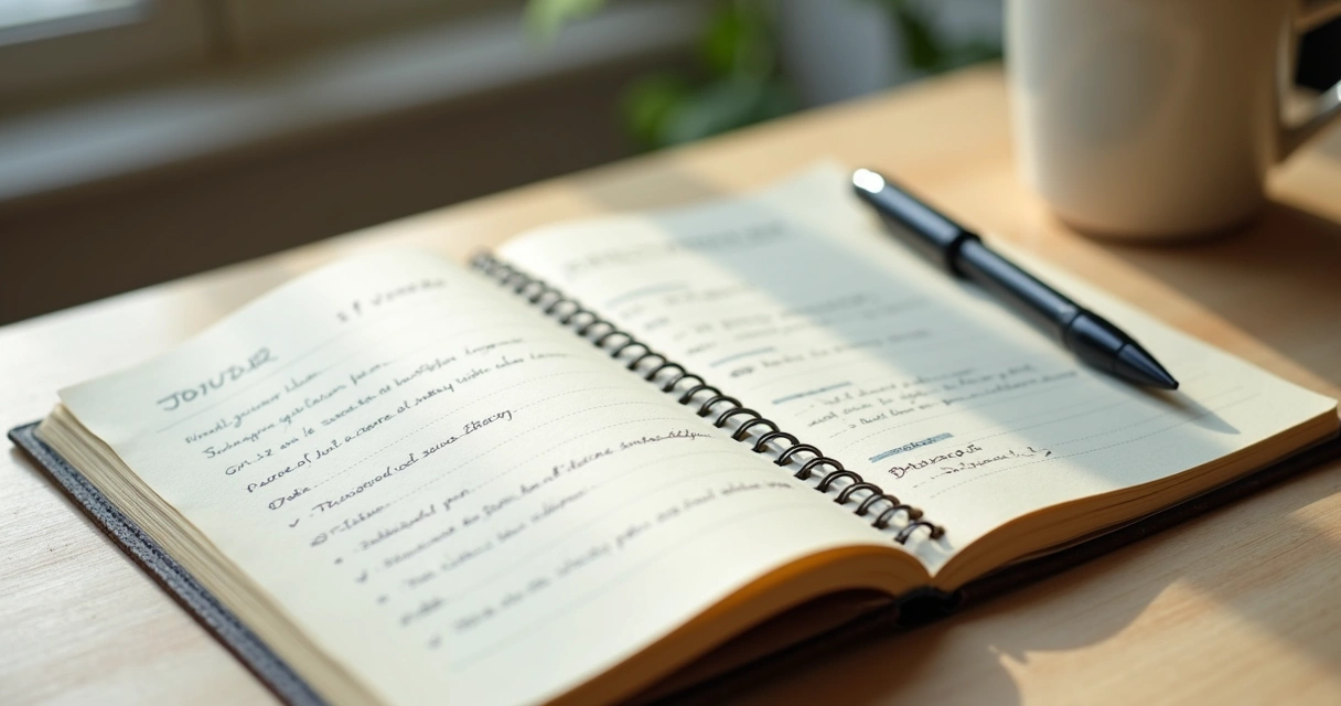 Caderno aberto com anotações emocionais e caneta sobre mesa 