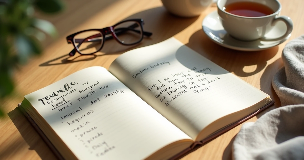 Caderno aberto com anotações de autocuidado emocional 