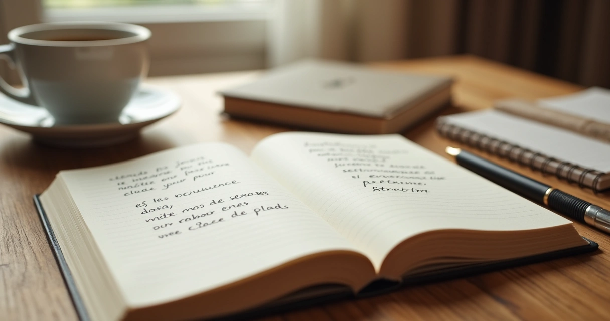 Cuaderno abierto con notas emocionales y una taza de café en mesa de madera 