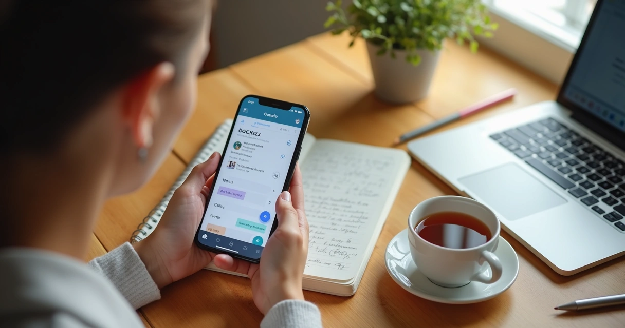 Pessoa registrando emoções no celular com caderno ao lado