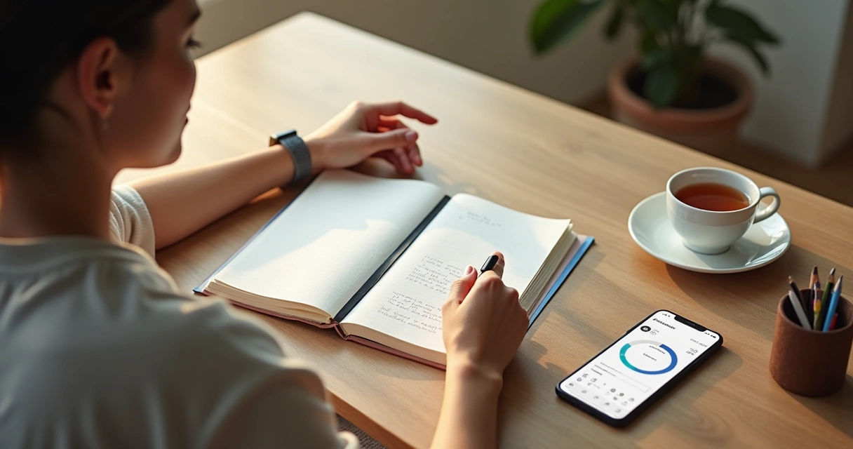 Pessoa anotando emoções ao lado de wearable sobre a mesa