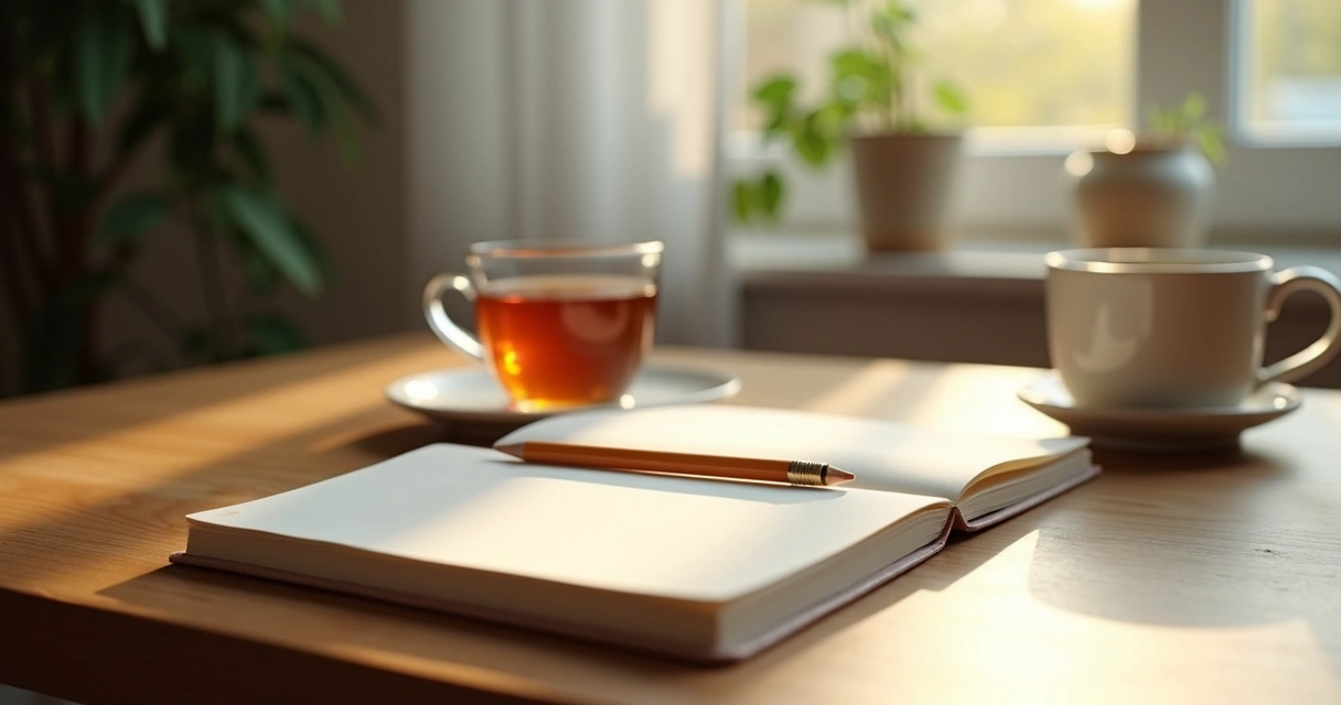 Libreta abierta, lápiz y taza de té junto a una ventana