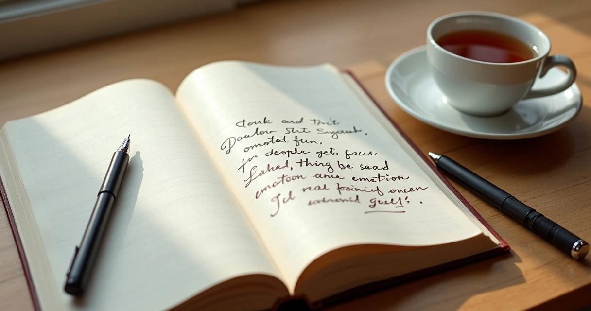 Caderno aberto com anotações escritas à mão e uma caneta ao lado 