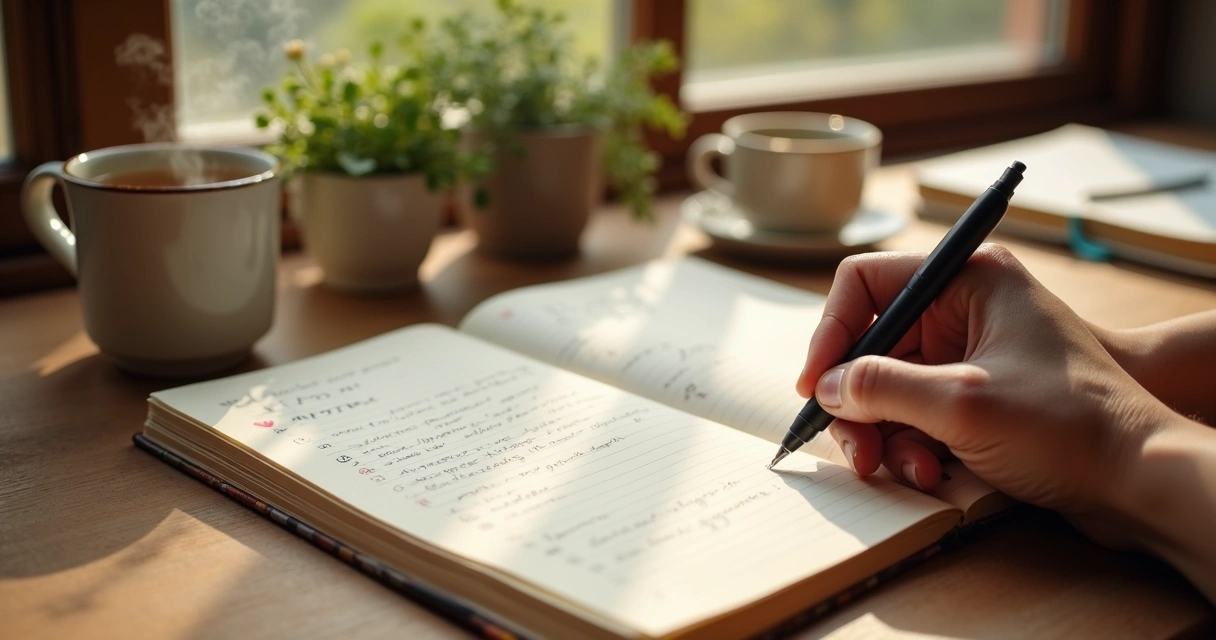 Pessoa escrevendo em diário emocional em mesa organizada com luz suave 