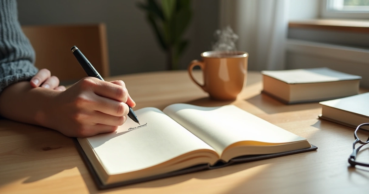 Persona escribiendo en un diario emocional junto a una taza de té sobre una mesa ordenada 
