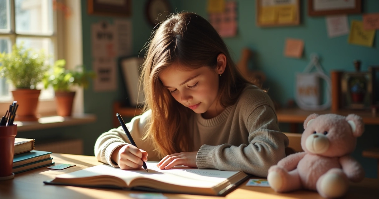Jovem estudante escrevendo emoções e conquistas no diário de estudos 