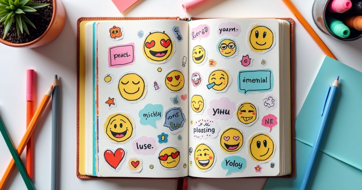 Diário com desenhos, colagens e palavras-chave ao redor 