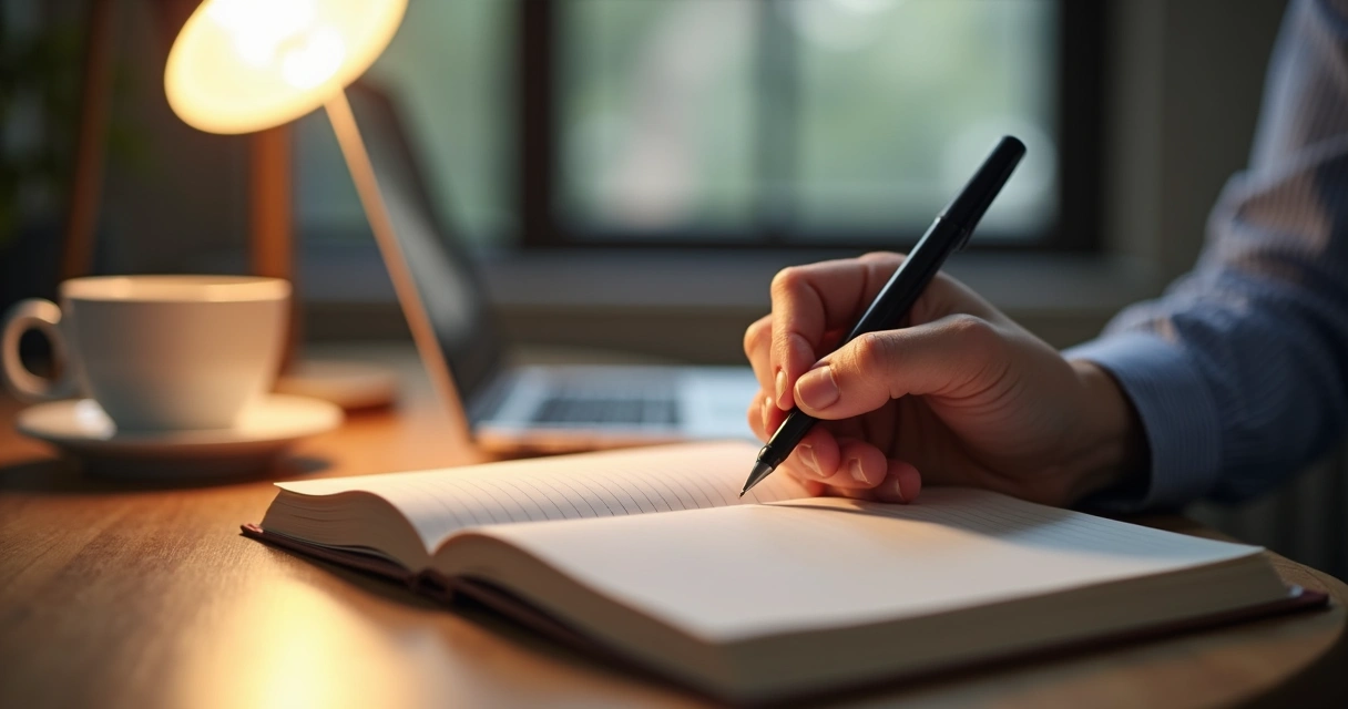 Líder escrevendo diário emocional em caderno sobre mesa 