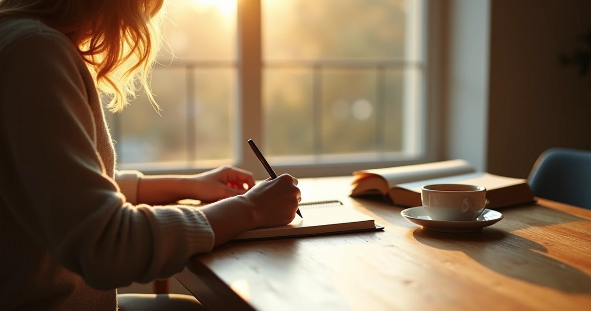 Pessoa escrevendo em diário com caneta na mesa de madeira