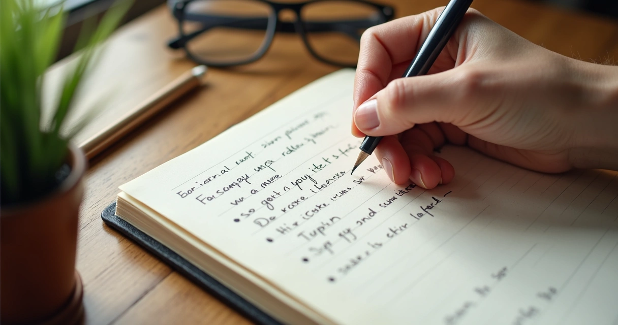 Mano escribiendo emociones en un cuaderno con luz suave