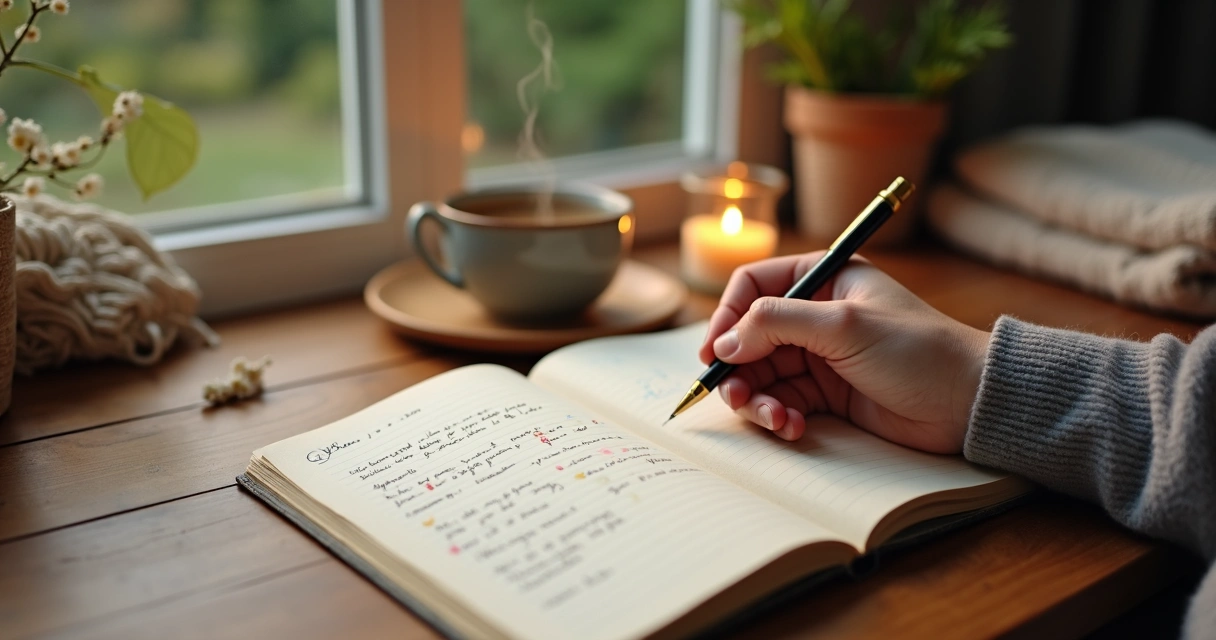 Pessoa escrevendo em diário emocional ao lado de xícara de chá e vela acesa 