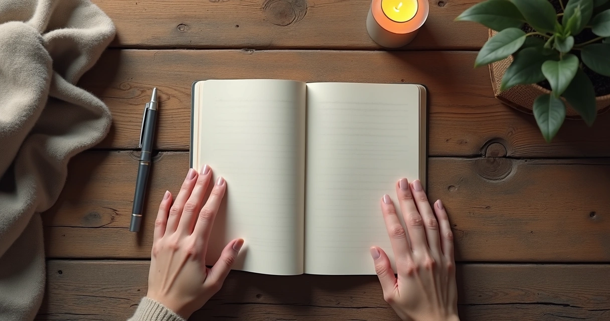 Cuaderno abierto junto a una vela y manos en pausa 