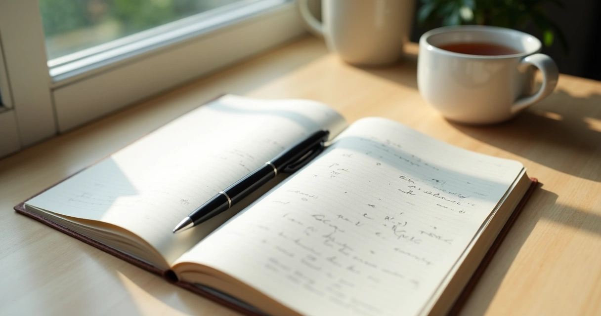 Caderno aberto com caneta e xícara sobre mesa clara 