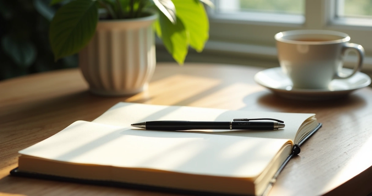 Caderno aberto com caneta ao lado de uma xícara 