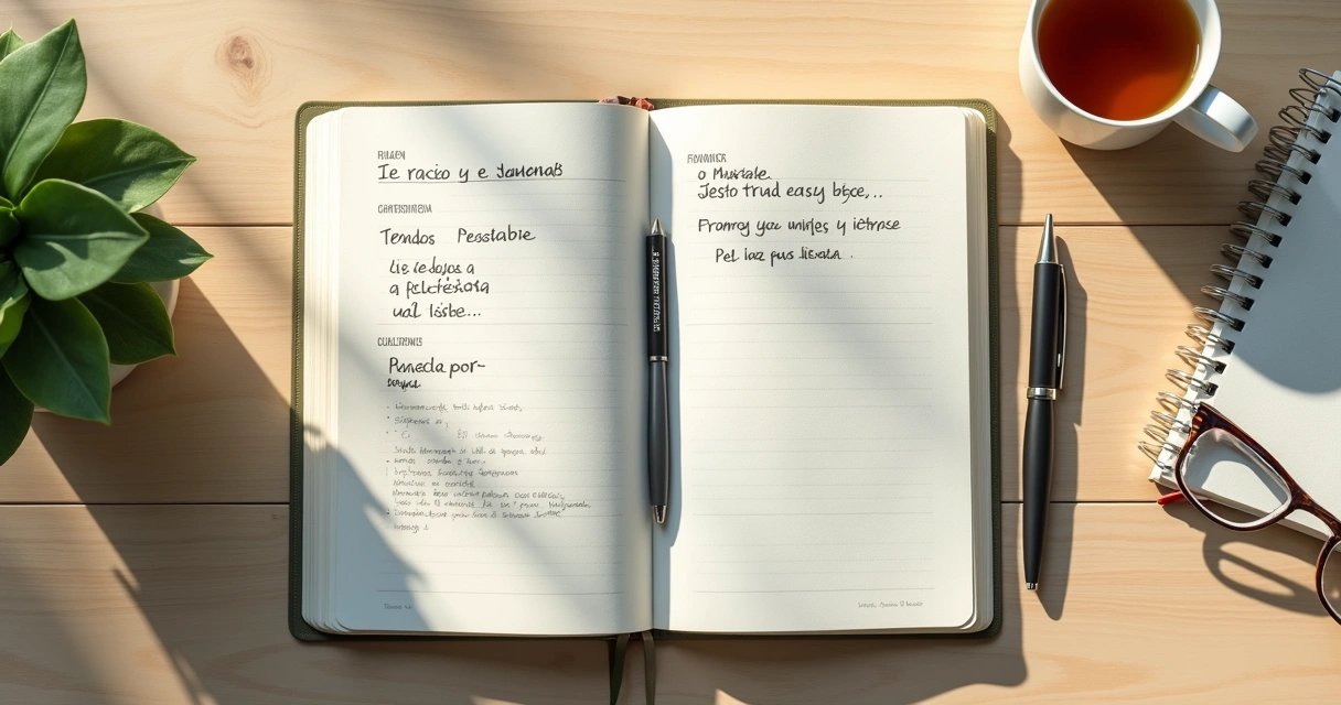 Cuaderno abierto con notas emocionales sobre una mesa tranquila 