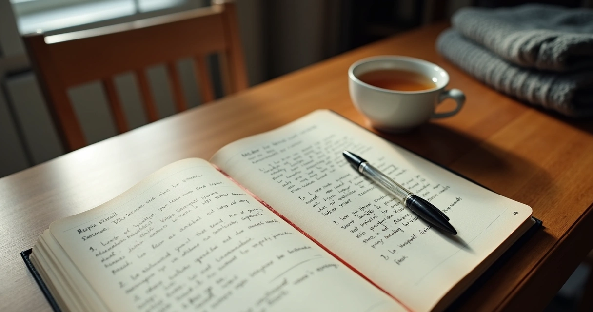 Caderno aberto com anotações emocionais e xícara sobre mesa 