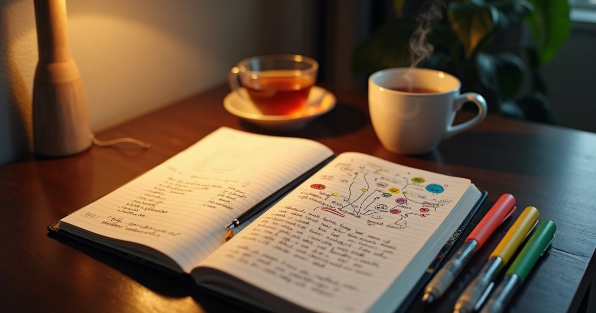 Caderno de diário emocional aberto sobre uma mesa com anotações e traços coloridos 