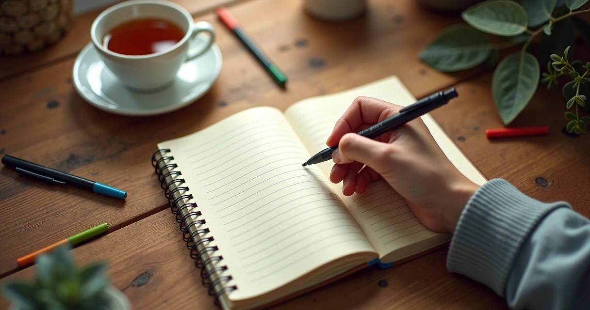 Mano escribiendo en un cuaderno junto a una taza de té y bolígrafos 