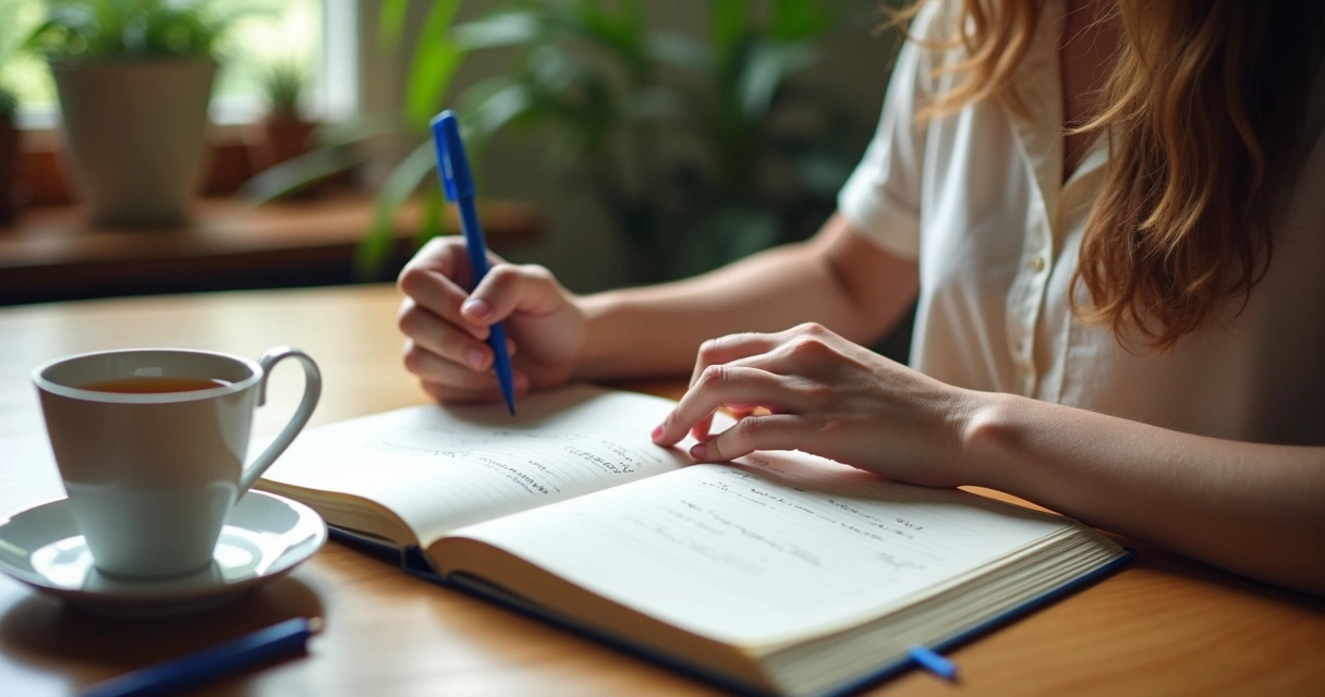 Pessoa escrevendo em diário emocional com caneta azul em ambiente tranquilo 