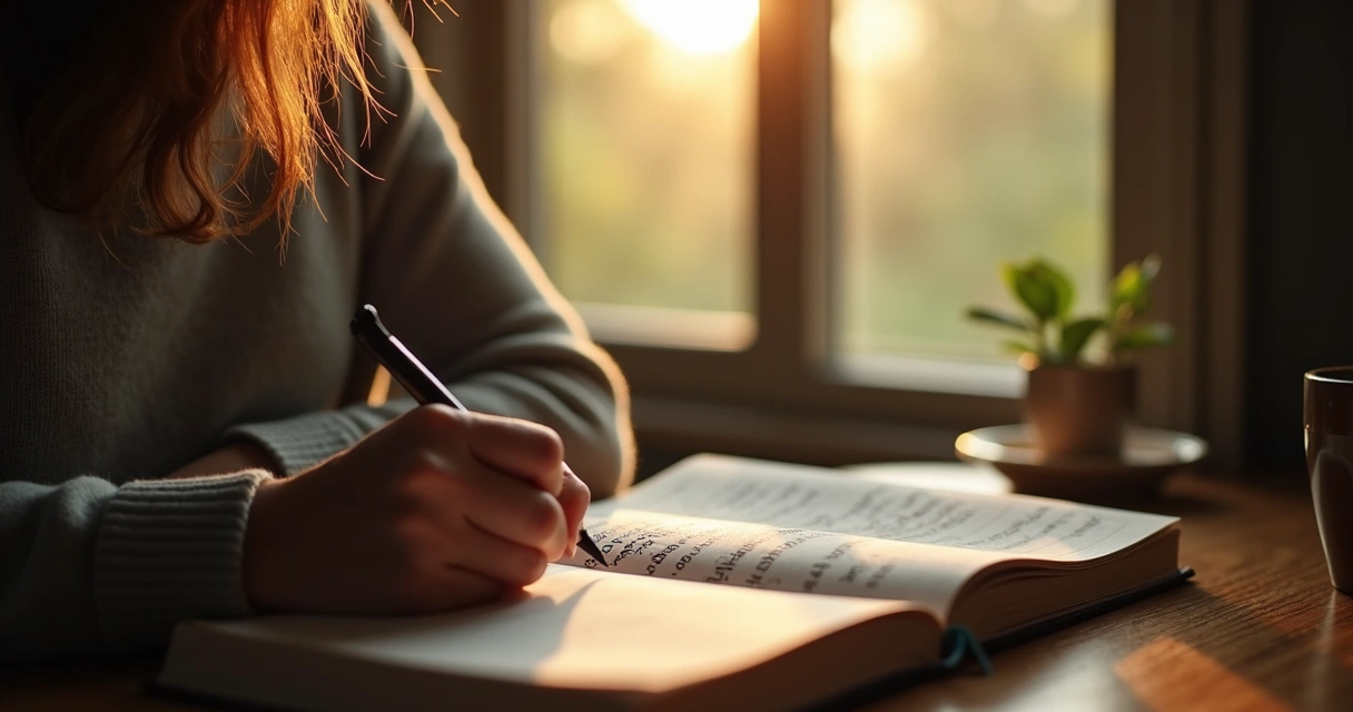 Pessoa escrevendo em um diário sobre suas emoções, sentada próximo a uma janela iluminada. 