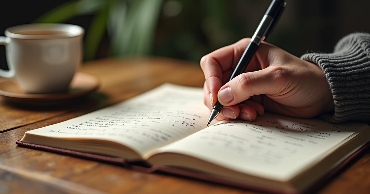 Pessoa escrevendo em um diário sobre emoções, com caneta e papel sobre mesa de madeira 