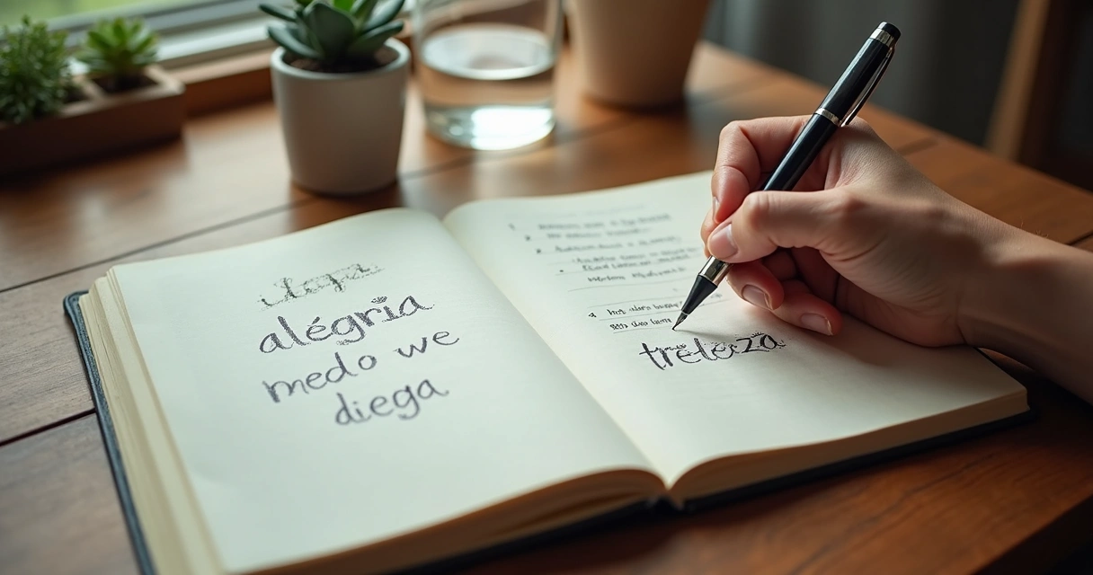 Caderno aberto com anotações emocionais e mão escrevendo 