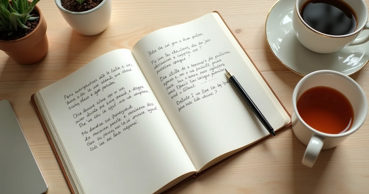 Caderno com anotações emocionais e xícara sobre mesa clara