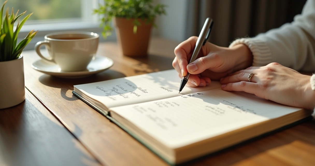 Persona escribiendo en un diario emocional junto a una taza y una planta 
