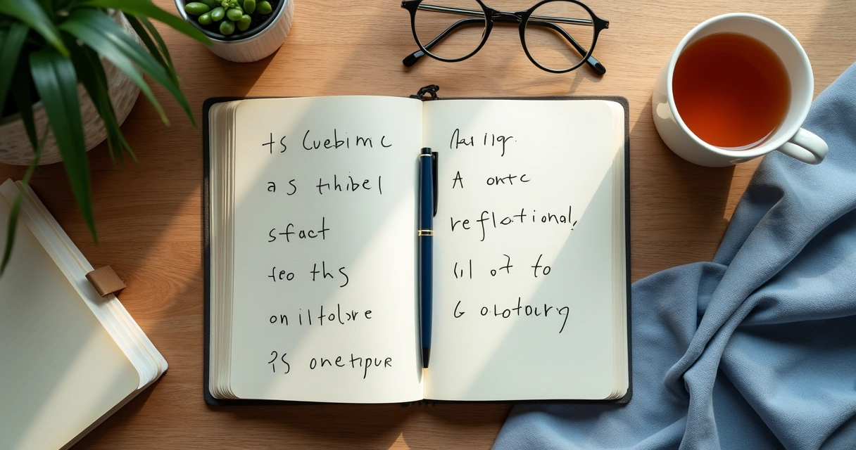 Cuaderno abierto con notas emocionales y taza sobre una mesa