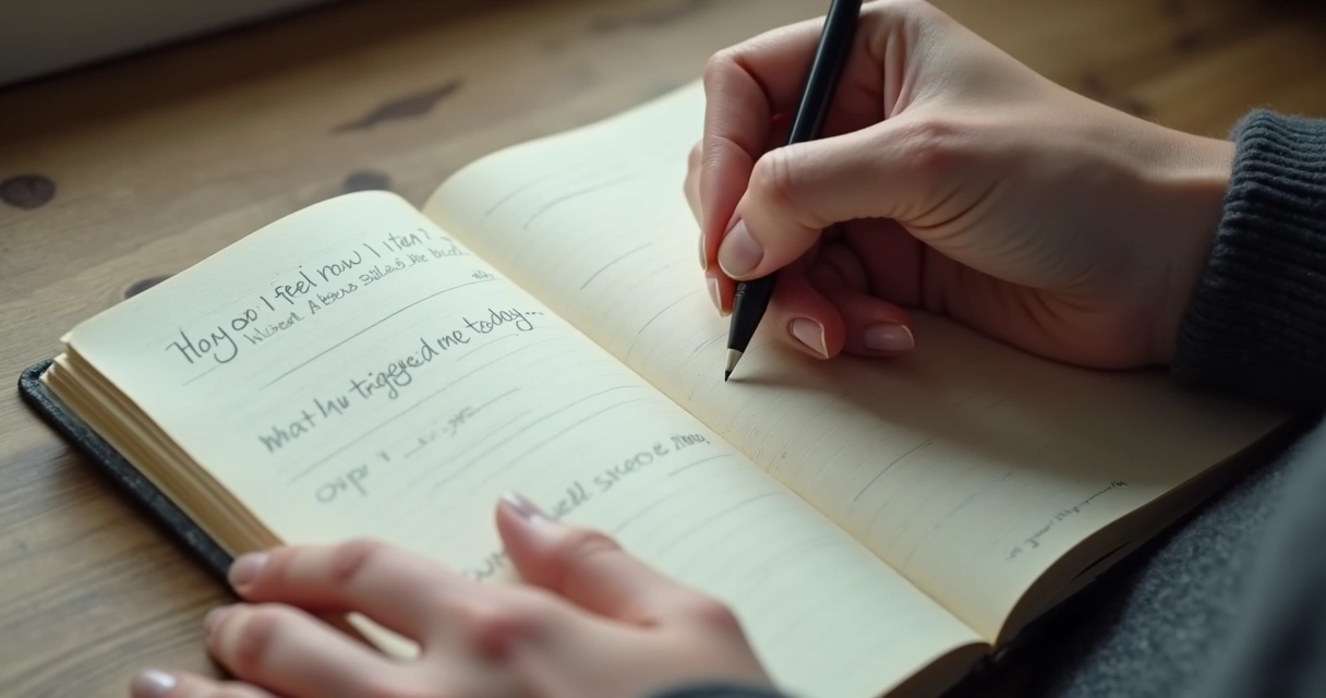 Pessoa escrevendo em diário com perguntas sobre sentimentos