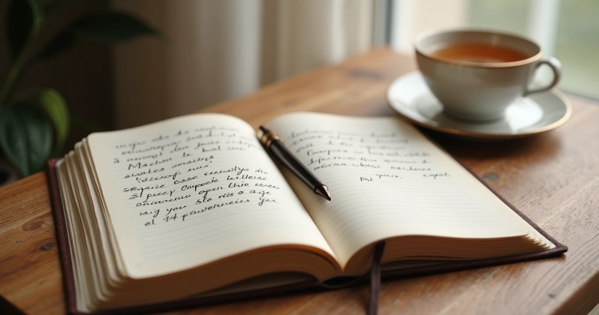 Cuaderno abierto con notas emocionales y una taza sobre una mesa tranquila