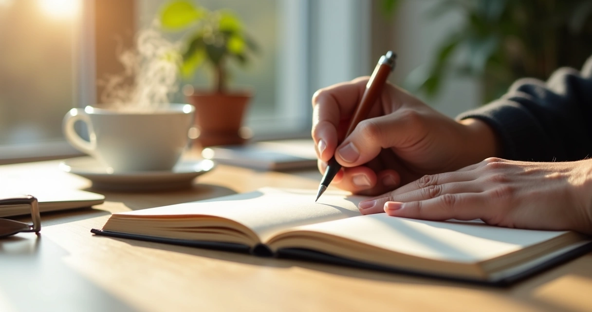 Mano escribiendo emociones en un diario junto a una taza de café 