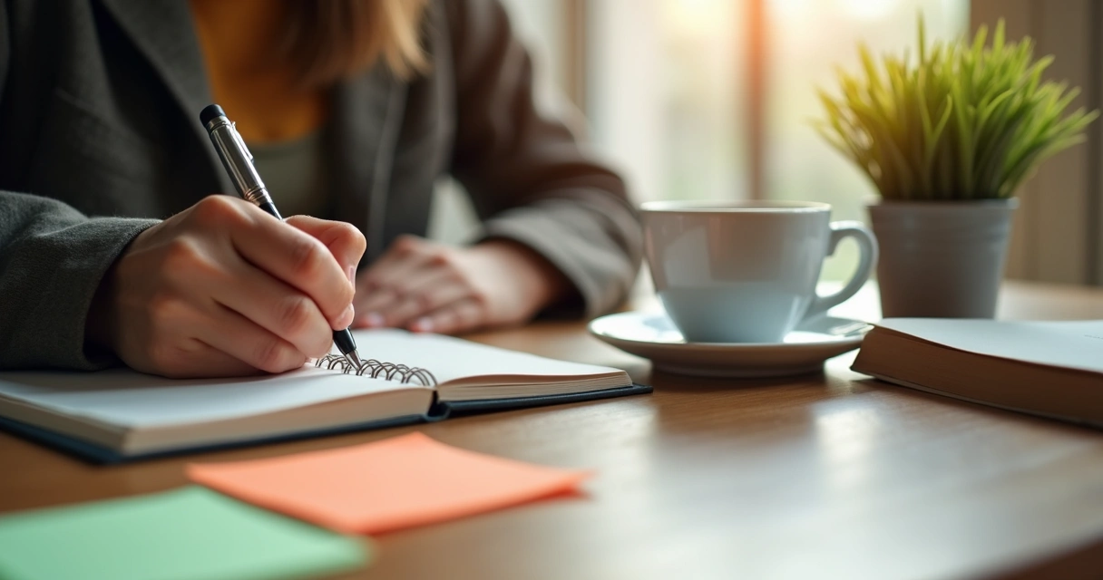Mano escribiendo en un diario junto a una taza de café 