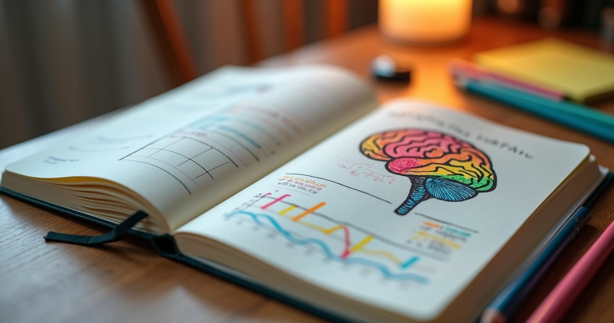 Página de diario con gráficas de emociones y dibujo de cerebro