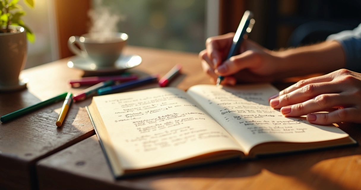 Cuaderno abierto sobre un escritorio junto a una taza de café y bolígrafos 