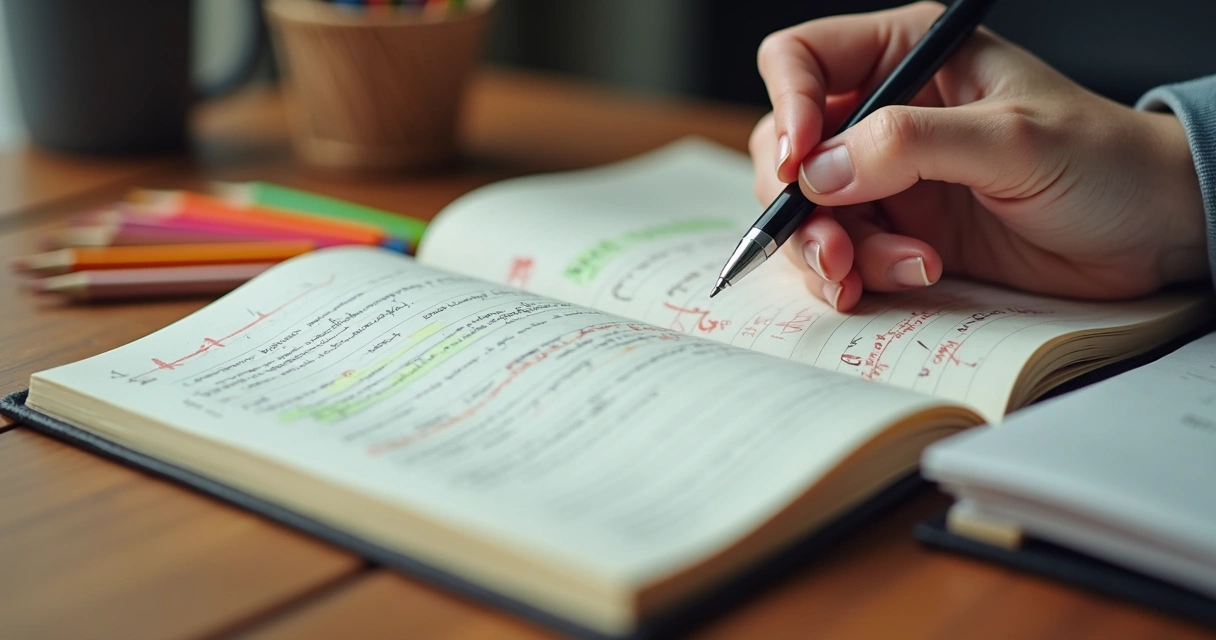 Cuaderno abierto con notas manuscritas y colores representando emociones