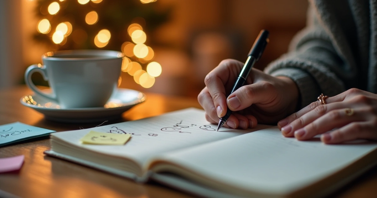 Persona escribiendo en un diario de emociones con una taza de café y luces cálidas en la mesa.
