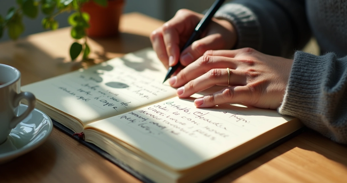 Manos escribiendo en diario de emociones, mesa con taza y planta 